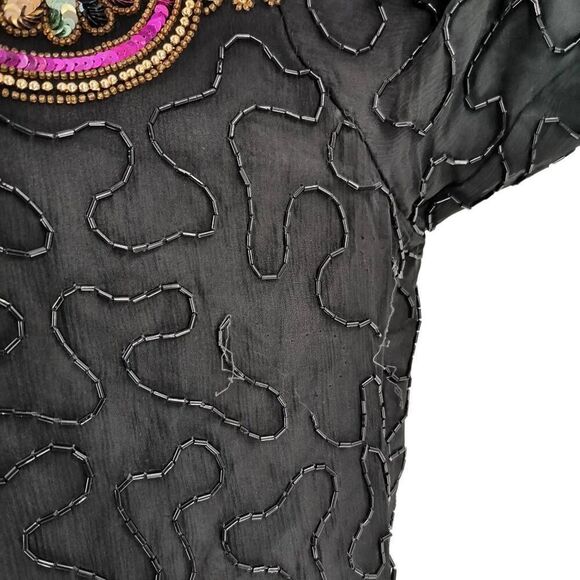 Vintage Black Beaded & Sequin Top with Pink and Gold Detailing | Size Medium - Picture 4 of 7